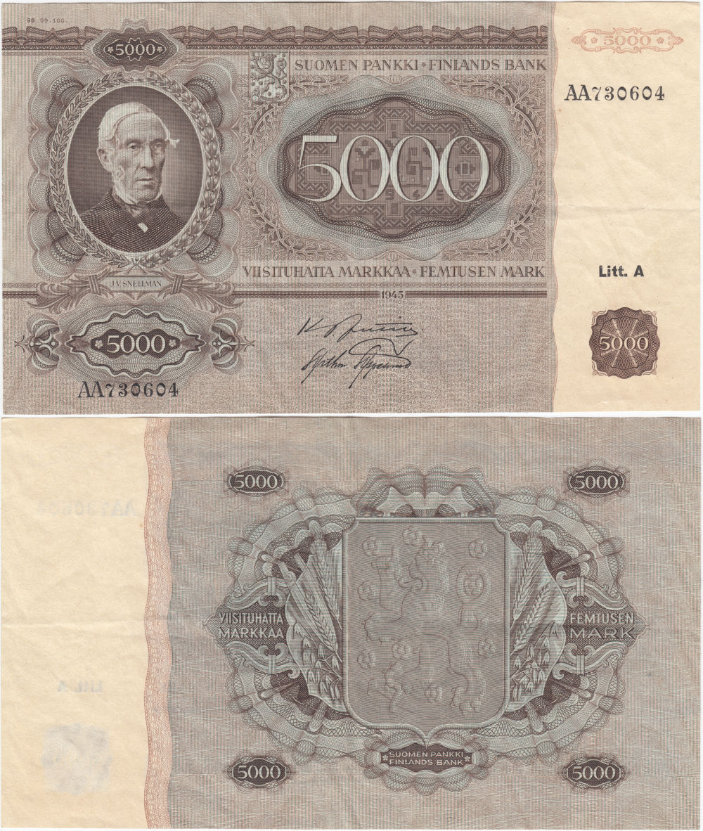5000 Markkaa 1945 Litt.A AA730604 kl.5